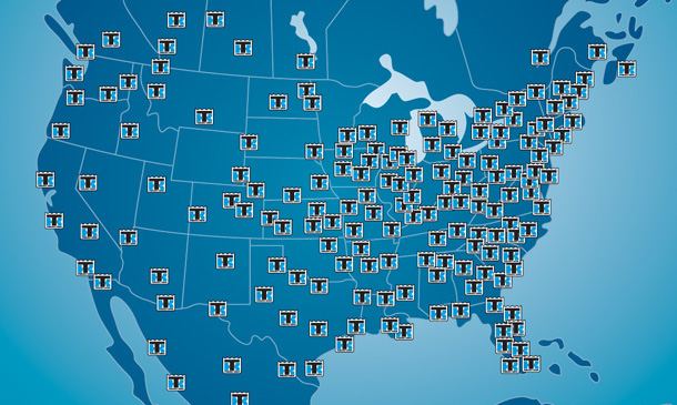 Illustration of a North American map showing locations of Thermo King dealerships