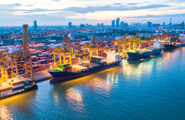 Photo of a container port at night time